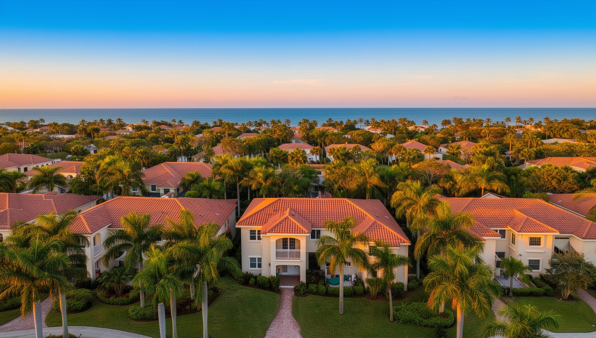 Aerial view of upscale Florida residential community at sunset.